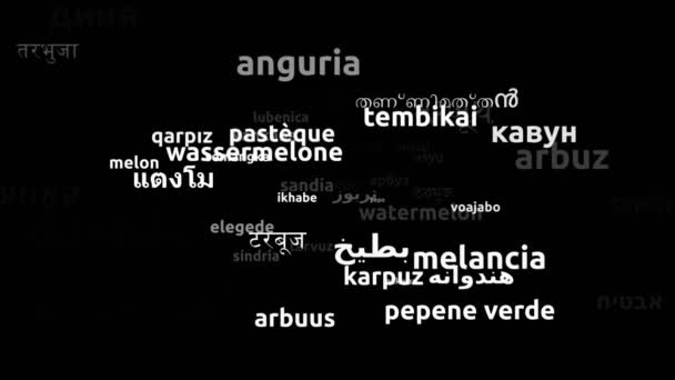 西瓜翻译成54种世界语言无限循环3D缩放Wordcloud掩蔽 — 图库视频影像