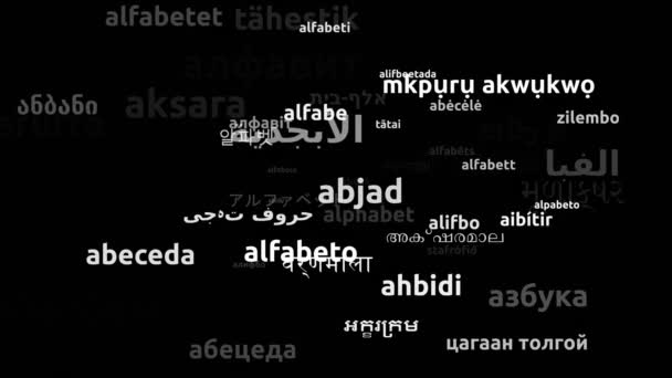 译入54个世界语言无限循环3D缩放Wordcloud掩蔽的字母 — 图库视频影像