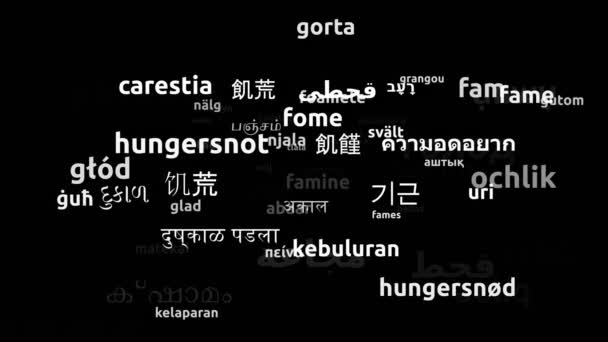 Hungersnöd Översatt Till Hela Världen Languages Endless Looping Zooming Wordcloud — Stockvideo