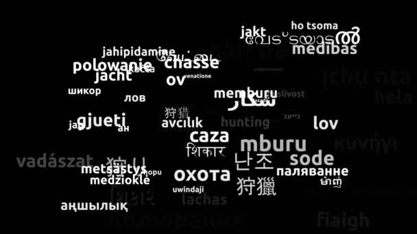 Jagen Vertaald Wereldwijde Talen Endless Looping Zooming Wordcloud Mask — Stockvideo