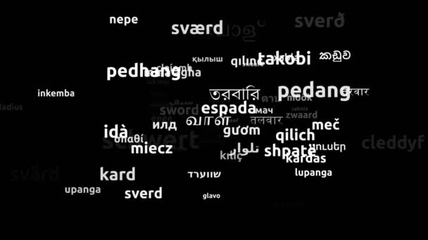 Spada Tradotta Lingue Tutto Mondo Looping Infinito Maschera Wordcloud Zoom — Video Stock