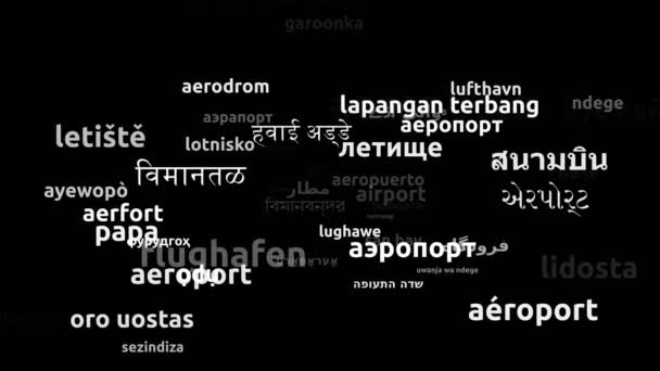 世界52カ国の言語で翻訳された空港エンドレスループ3Dズームワードクラウドマスク — ストック動画
