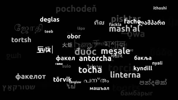 用73种世界语言翻译的火炬无限循环3D缩放Wordcloud掩蔽 — 图库视频影像