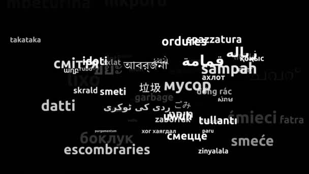 垃圾译入全球67种语言无限循环3D缩放Wordcloud掩蔽 — 图库视频影像