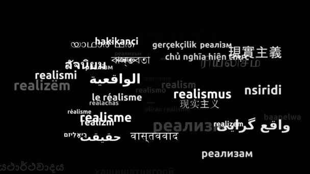 Realismus Přeložen Světových Jazyků Nekonečná Smyčka Přiblížení Wordcloud Maska — Stock video