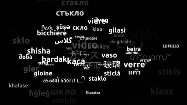 74の世界言語で翻訳されたガラス無限のループ3Dズーム Wordcloudマスク — ストック動画