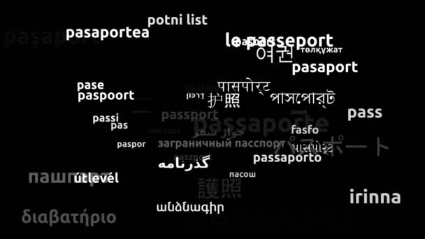 Pasaporte Traducido Idiomas Mundiales Endless Looping Zooming Wordcloud Mask — Vídeo de stock