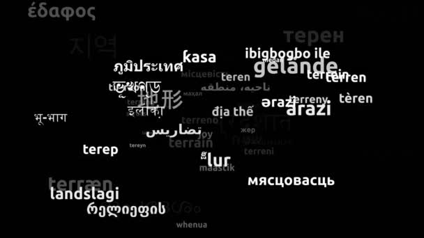 Terrain Translated Worldwide Languages Endless Looping Zooming Wordcloud Mask — Stock Video