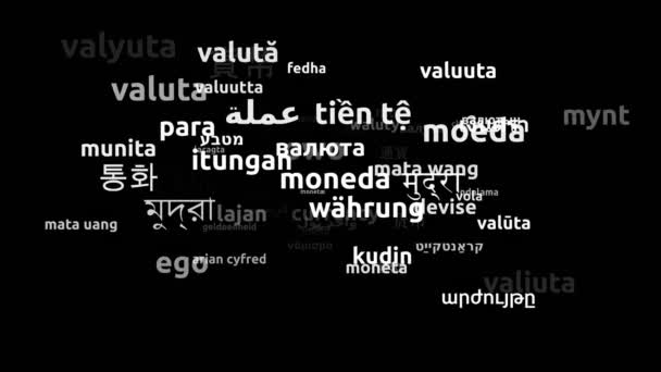 Валюта Перевод Языков Мира Бесконечный Цикл Увеличение Маски Wordcloud — стоковое видео