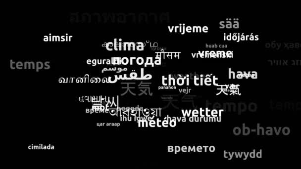 全球66种语言无限循环3D缩放Wordcloud掩蔽的天气情况 — 图库视频影像