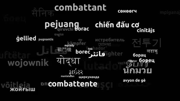 Kämpfer Übersetzt Weltsprachen Endlosschleife Zoomen Wordcloud Maske — Stockvideo