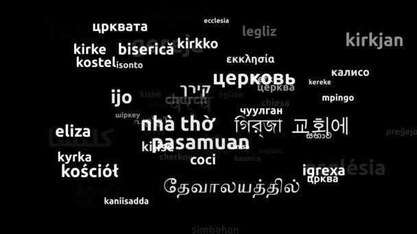 Kerk Vertaald Wereldwijde Talen Endless Looping Zooming Wordcloud Mask — Stockvideo