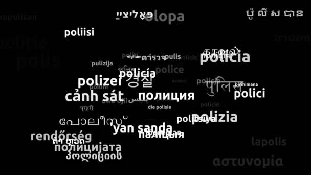 Полиция Перевод Язык Мира Бесконечный Цикл Увеличение Маски Wordcloud — стоковое видео