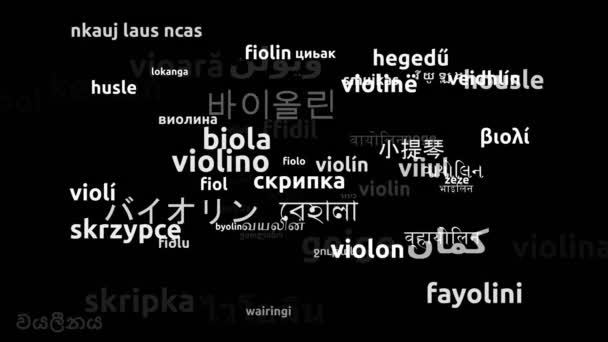 世界66カ国の言語で翻訳されたヴァイオリンエンドレスループ3Dズームワードクラウドマスク — ストック動画