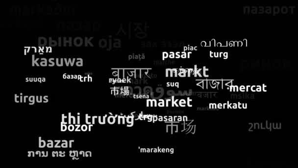 Market Translated Worldwide Languages Endless Looping Zooming Wordcloud Mask — Stock Video