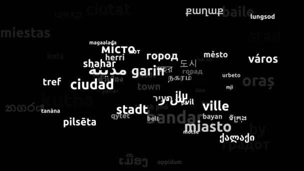 Stadt Übersetzt Weltsprachen Endlosschleife Zoomen Wordcloud Maske — Stockvideo