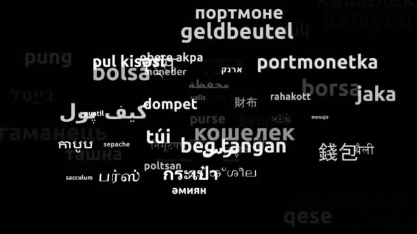 Кошелек Переведен Языков Мира Бесконечный Цикл Увеличение Маски Wordcloud — стоковое видео