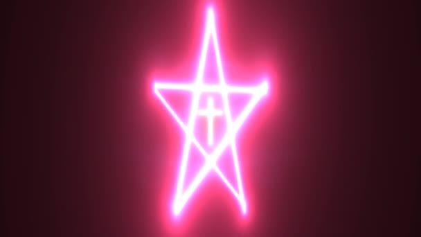 Red Light Crucifix Floating Inside Five Pointed Star Pentagram Evil Satan — Stock Video