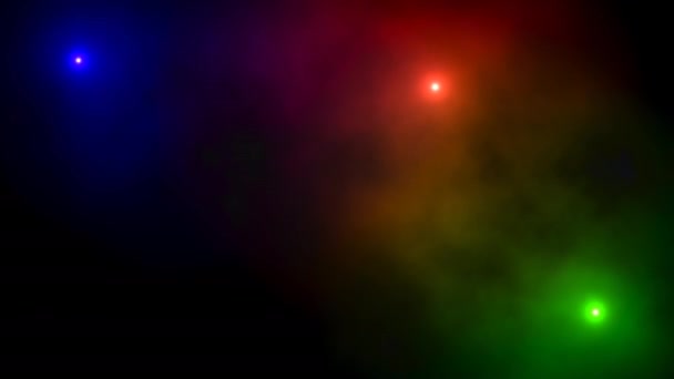 Three Red Green and Blue Lights Flying Around Fog Foggy Space — Vídeo de Stock