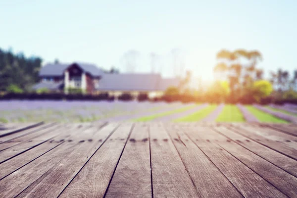 Plancher en bois devant le paysage de la campagne — Photo