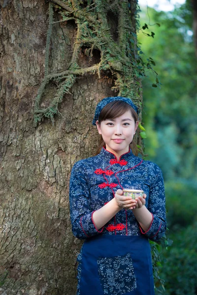 Chica asiática sostiene taza en plantación de té — Foto de Stock