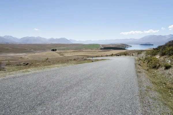 Асфальтовая дорога возле озера в Новой Зеландии — стоковое фото