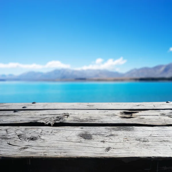 Oude houten vloer met landschap van lake — Stockfoto