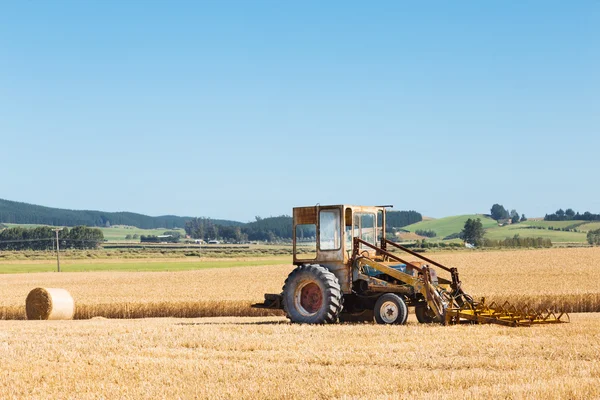 Erntemaschine arbeitet auf Weizenfeld in Neuseeland — Stockfoto