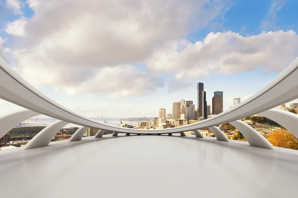 Empty marble floor with cityscape and skyline of Seattle — Stock Photo, Image