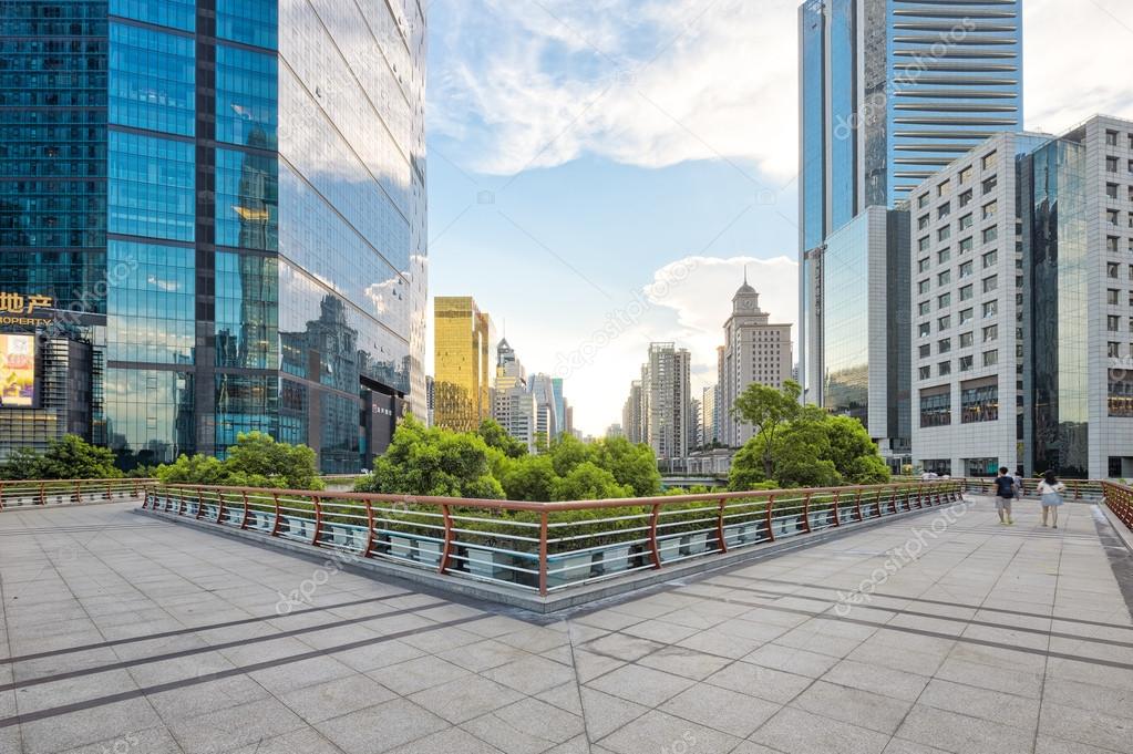 empty footpath between modern buildings in Guangzhou