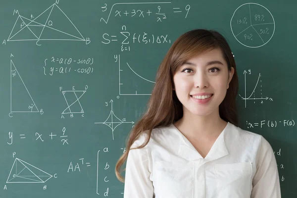 Beautiful girl teacher with green blackboard — Stock Photo, Image