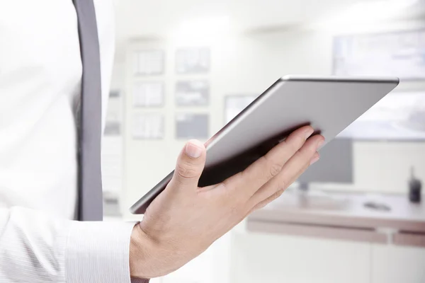 Double exposure of businessman with tablet — Stock Photo, Image