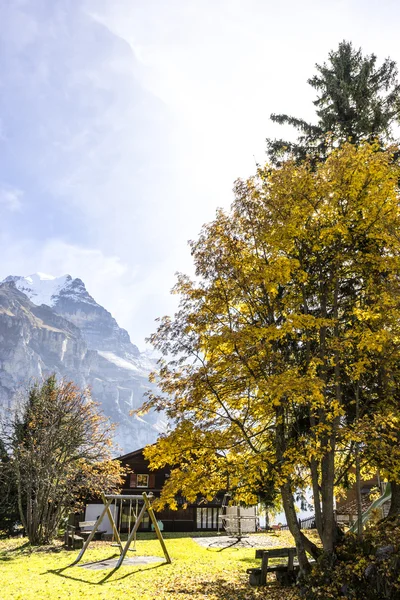 Schommelingen in de werf van huis in de buurt van bergen van de Alpen — Stockfoto