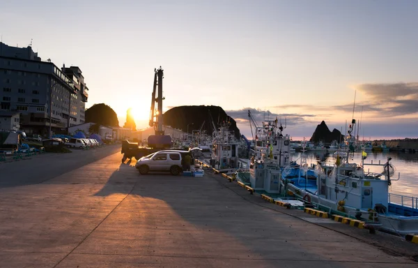 Muelle con barcos abarrotados en Hokkaido al amanecer —  Fotos de Stock