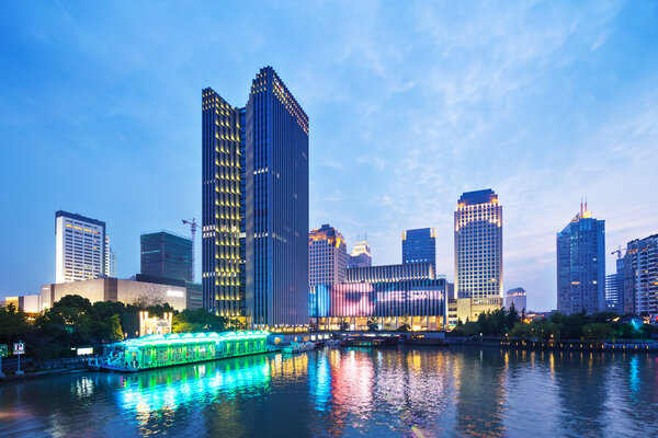 office buildings near water in downtown of Hangzhou