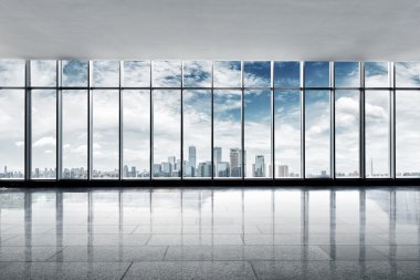 Cityscape ve cam pencere Nanjing'ten manzarası