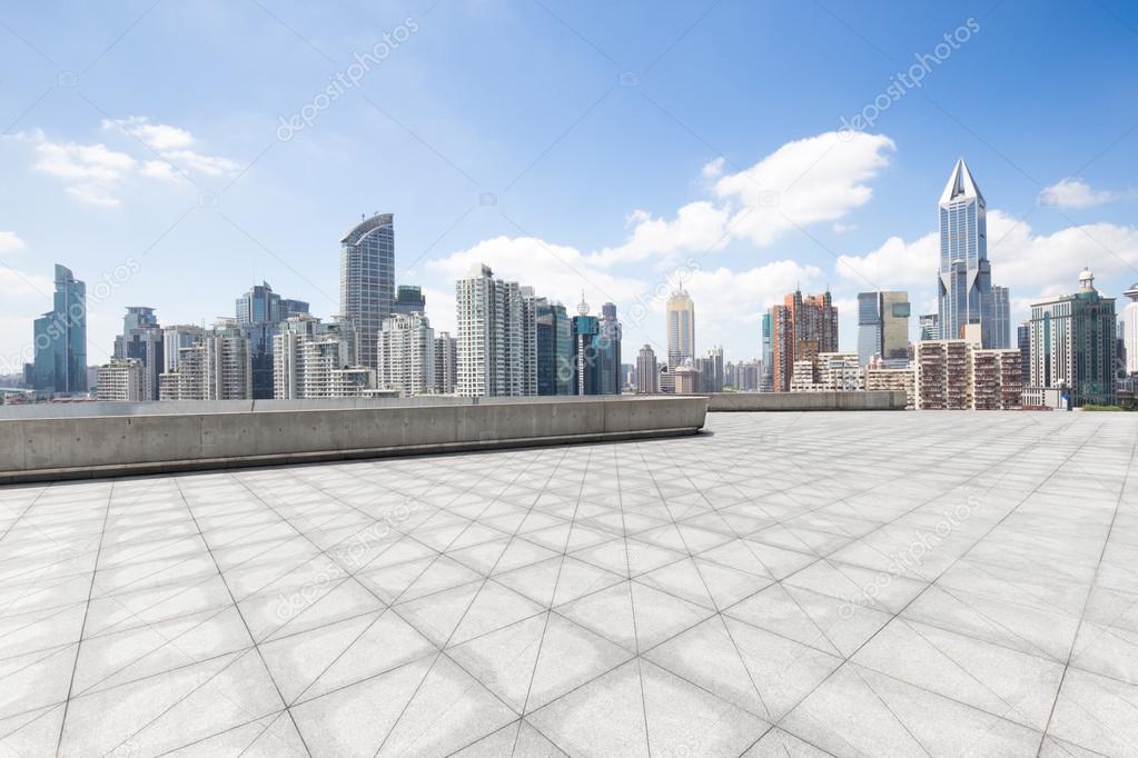 cityscape and skyline of Shanghai from brick floor