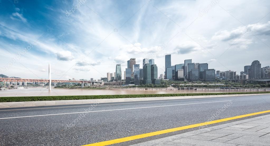 cityscape and skyline of Chongqing from empty road