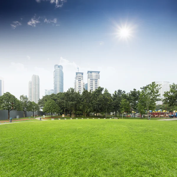 Gazon en stadsgezicht in het stadspark — Stockfoto