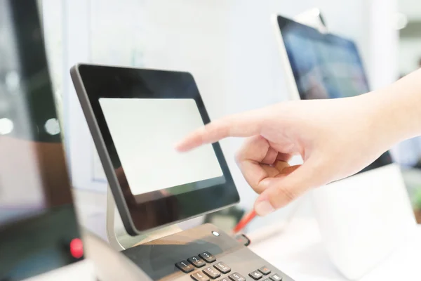 Hand using videophone on exhibition. — Stock Photo, Image