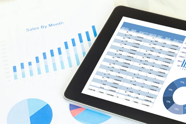 Digitala tablett med finansiella diagramrapport — Stockfoto