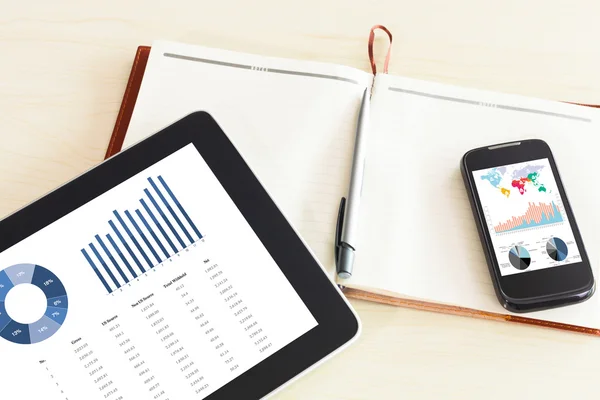 Tablet digital con informe de gráfico financiero — Foto de Stock