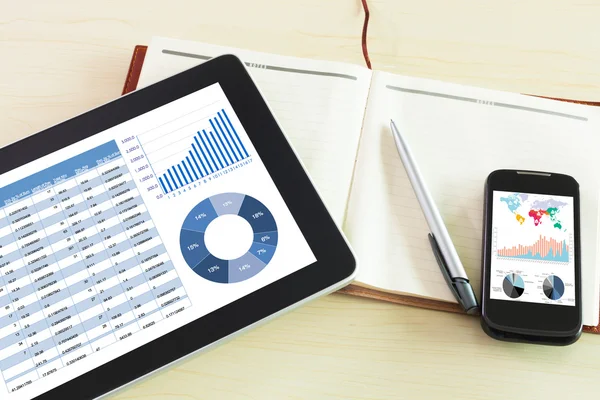 Tablet digital con informe de gráfico financiero — Foto de Stock