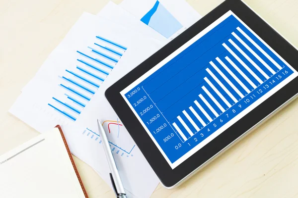 Digitala tablett med finansiella diagramrapport — Stockfoto