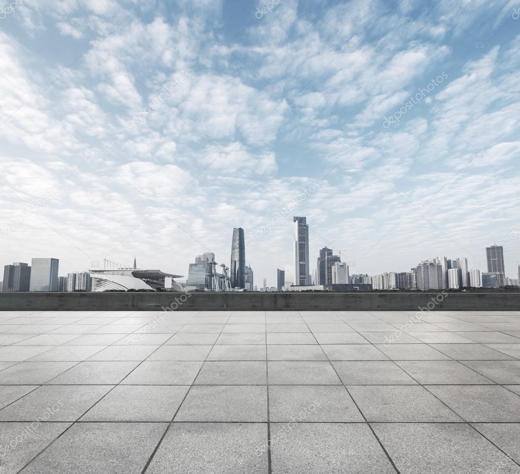 Modern square with skyline and cityscape