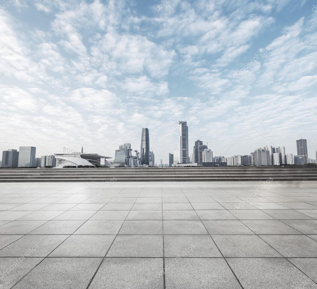 Modern square with skyline and cityscape