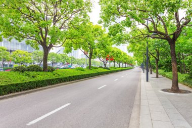 Ağaçlar yol modern şehir dekore edilmiştir.