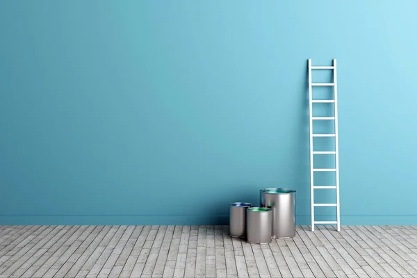 Escalera y cubos de pintura junto a la pared — Foto de Stock