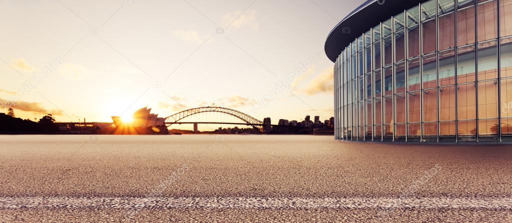 Empty square with skyline and Sydney landmarks