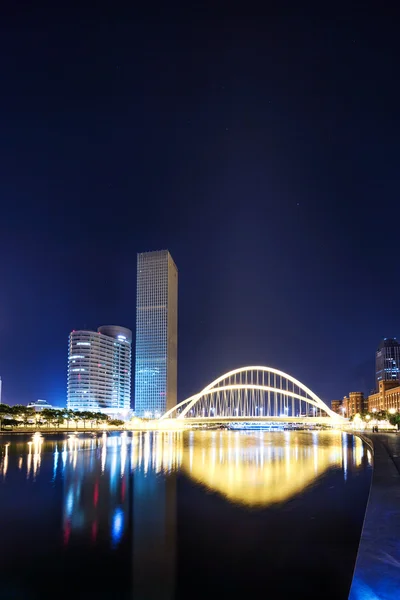 Beleuchtete moderne Wolkenkratzer und Skyline am Flussufer — Stockfoto